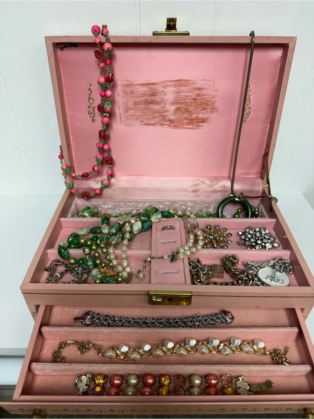 Vintage MCM Mid-Century Jewelry Box Organizer Large Pink w/ Pink Velvet Interior